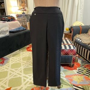 Black pull on stretch flat front pants